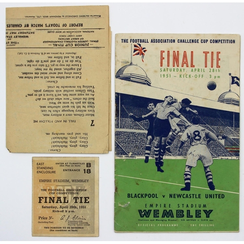 19 - 1951 FA Cup Final Programme, Blackpool v Newcastle United. Plus Ticket stub and songsheet.