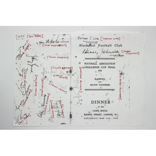 6 - Signed Blackpool FC 1953 FA Cup Dinner Menu. A printed folded page for a Dinner at the Cafe Royal, L... 