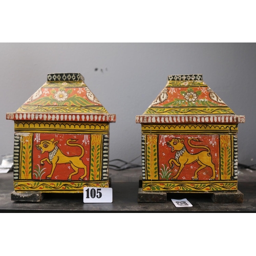 105 - Pair of Late 19thC Indian Kashmir Mogul Folk Art Hand Painted Dowry Caskets. 13cm in Width by 17cm i... 