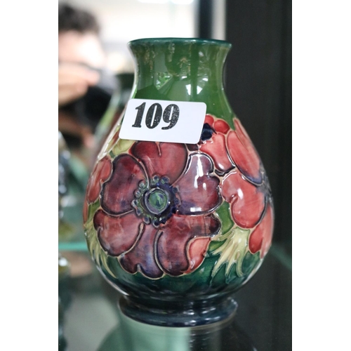 109 - Moorcroft Anemone pattern green ground vase 13.5cm in Height