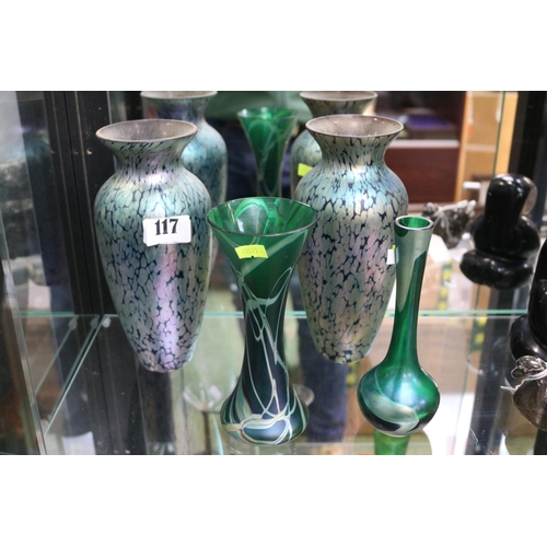 117 - Collection of Okra Vases to include a Pair of iridescent Vases and 2 other Okra vases. 22cm tall to ... 