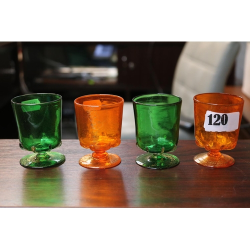 120 - Antonio Salviati set of four green and orange Venetian revival Aventurine drinking glasses, circa 19... 