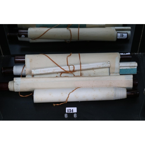 134 - Collection of Chinese scrolls to include 2 Character script and 2 other script scrolls with hardwood... 