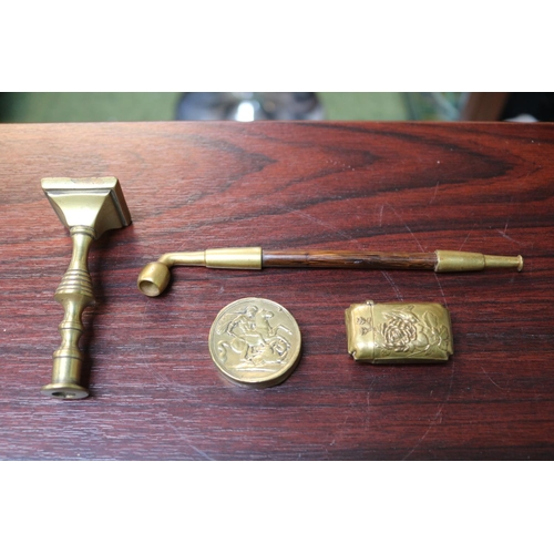 147 - Brass Opium Pipe, Embossed match vesta, students candlestick and a George 7 The Dragon Circular Matc... 