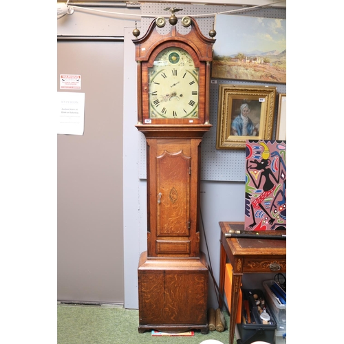 162 - 19thC Oak Cased Grandfather clock with roman numeral dial  with split pediment and inlaid decoration... 