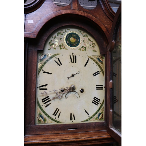 162 - 19thC Oak Cased Grandfather clock with roman numeral dial  with split pediment and inlaid decoration... 