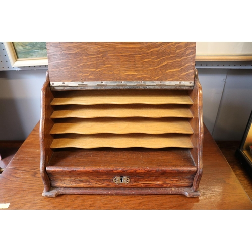 171 - Oak Arts & Crafts style stationary box with brass metal hinges over single drawer. 32cm in Diameter