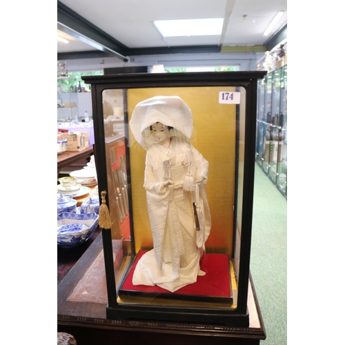 174 - Cased figure of a Japanese figure in silk robe within glazed case