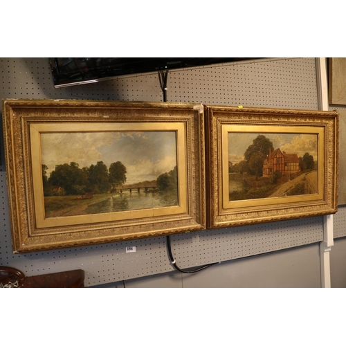 184 - Pair of Gilt Gesso framed Oil on canvas paintings depicting a countryside manor and a river scene. 7... 