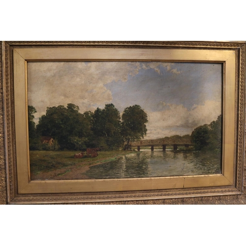 184 - Pair of Gilt Gesso framed Oil on canvas paintings depicting a countryside manor and a river scene. 7... 