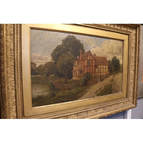 184 - Pair of Gilt Gesso framed Oil on canvas paintings depicting a countryside manor and a river scene. 7... 