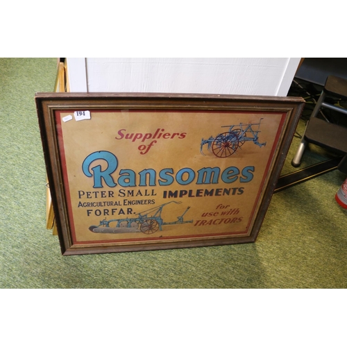 194 - Vintage Ransomes Implements Advertising sign in wooden framed 71 x 58cm