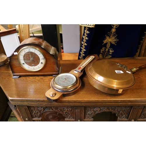 199 - Copper Warming Pan, Oak cased clock and a Wall Barometer