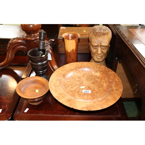 207 - Collection of assorted Treen and wooden carvings to include M Cosby Fruitwood vase, Pestle and Morta... 