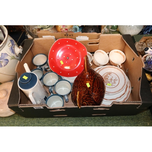 223 - Box of assorted ceramics to include Glazed covered hen, Furnivals etc