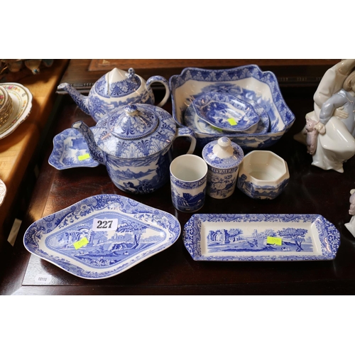 227 - Collection of Spode Italian scenes Blue and white pottery, Cauldon Bullet shaped teapot etc