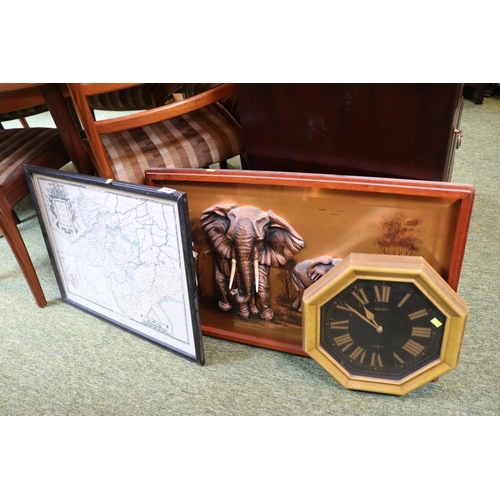 239 - 1970s Copper Elephant wall picture, Framed map by Saxton and a Seiko Wall clock