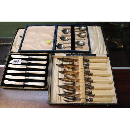 364 - Cased set of 6 Silver bladed mother of Pearl butter knives and 2 cased sets of Cutlery