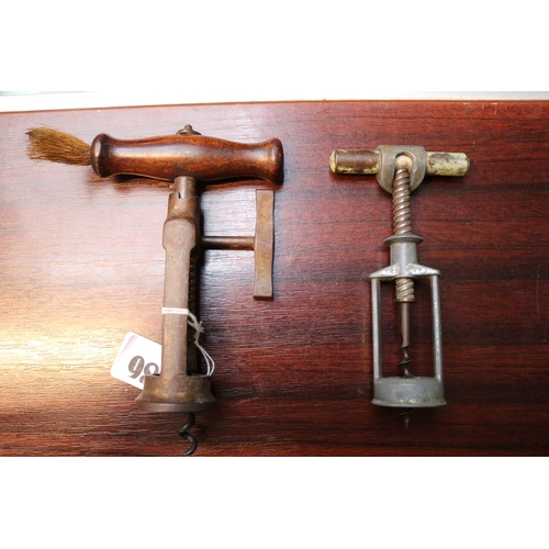 386 - William Lund Type Steel Corkscrew with wooden handle and brush and a another vintage corkscrew