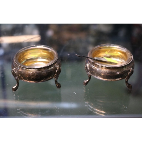 389 - Pair of 19thC Silver Salts with gilded interiors over paw feet with chaised decoration London 1865 1... 