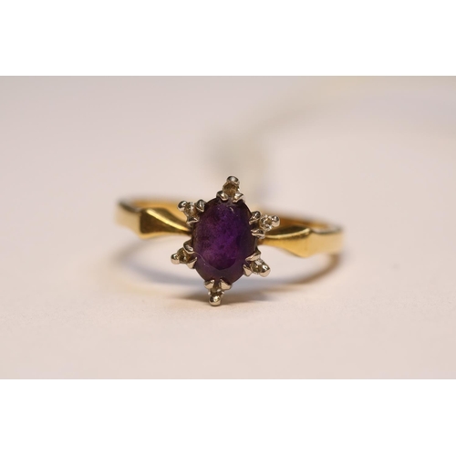 407 - Ladies 18ct Oval Amethyst and Diamond set ring Size L. 3.5g total weight