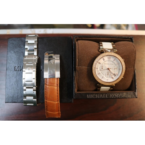 439 - Michael Kors Ladies Stone set wristwatch and a 2 Rolex marked watch straps