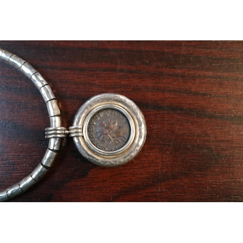 448 - Handmade Silver Necklace with inset Roman Bronze coin 50g total weight