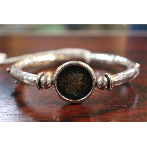 449 - Handmade Silver Bangle with inset Roman Bronze coin 32g total weight