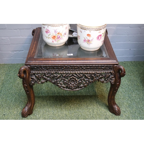 455 - Asian Hardwood square table with acanthus leaf feet under glazed top