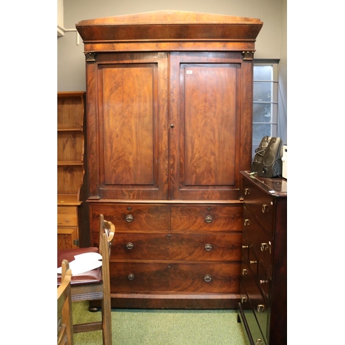 488 - William IV Flame Mahogany fronted Linen press with panelled doors over 4 drawers with brass escutche... 