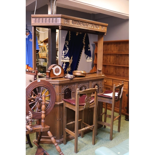 489 - Oak Old Charm Bar  with 2 matching upholstered stools and glazed wall cabinet