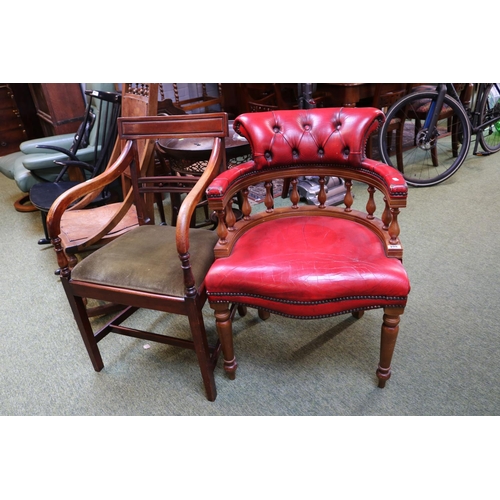 498 - Regency Style Elbow chair and a Red Leather button back Captains style chair with serpentine front