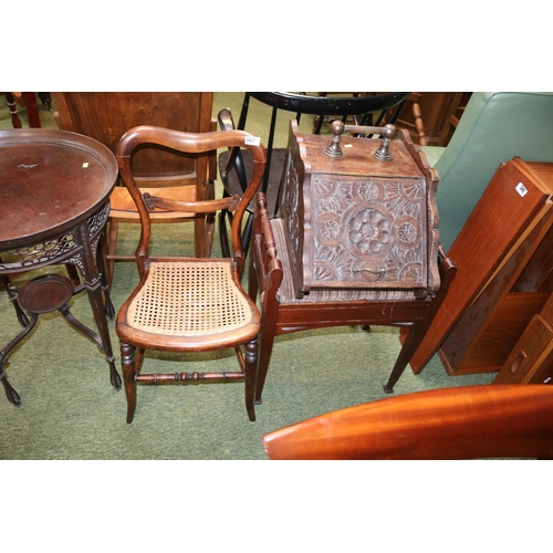 500 - Oak Carved Coal box, Piano stool and a Balloon back chair with caned seat