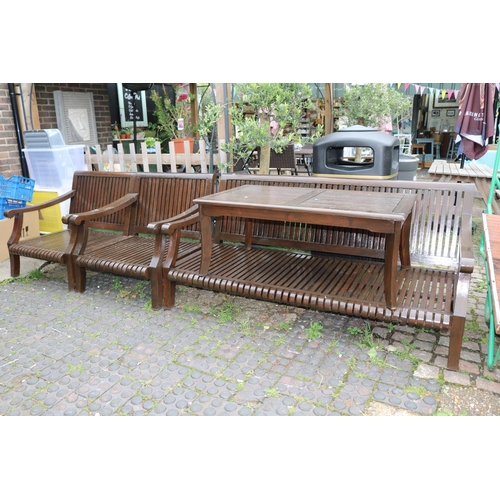 523 - Good quality Teak 3 seater Garden sofa with 2 matching chairs and Coffee table with cushions