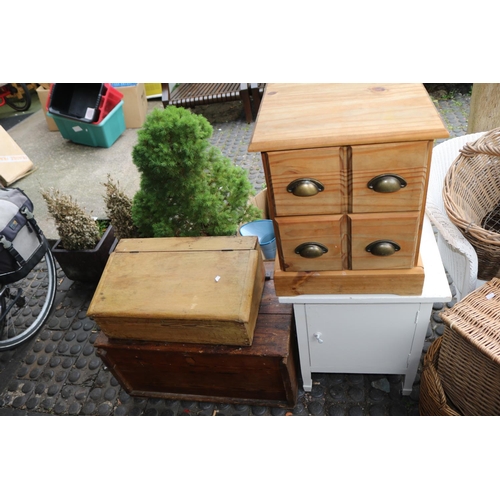 533 - Pine Desk, Pine writing slope, Pine chest, Painted cupboard and a Pine storage chest