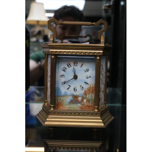 62 - Late 19thC French Carriage clock with hand painted ceramic panels of 6 sides, numeral dial and brass... 