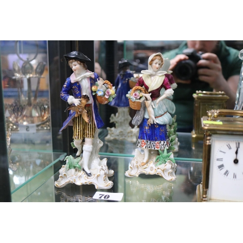 70 - Pair of 19thC European Porcelain figures of a Regency woman and man with Game and Fruit Baskets. 18c... 