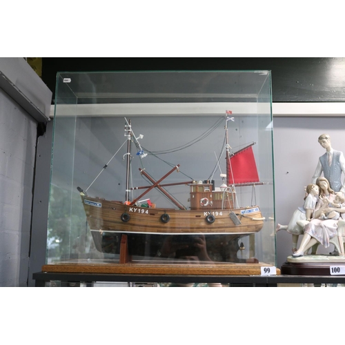 99 - Large Scratch Built Fishing boat entitled Lady Pamela KY194 within glazed case. 60cm in Length