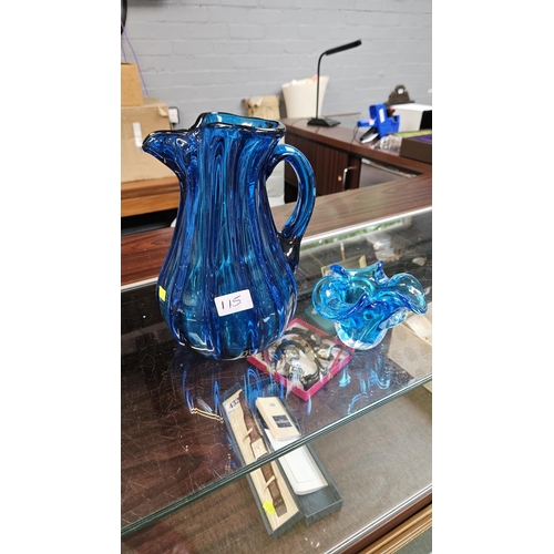 115 - Blue Art Glass Ewer and a Murano glass bowl