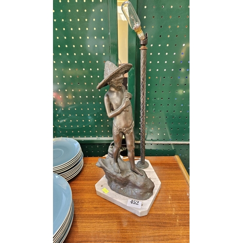 452 - Bronze Lamp in the form of a Fishing Boy on marble base