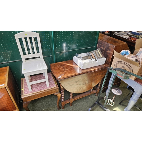 511 - Oak Barley twist gateleg table, Piano stool & a Childs Chair