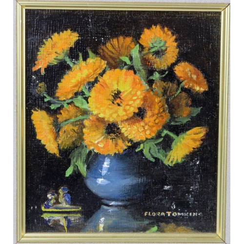 446 - Flora Tomkins (1872 - 1960) oil on board of orange flowers in a blue vase - gilt frame - 23cm x 24cm