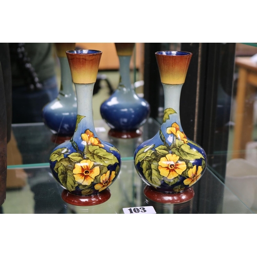 103 - Pair of Doulton Lambeth Faience Vases with Floral Decoration. 18cm in Height marks to base