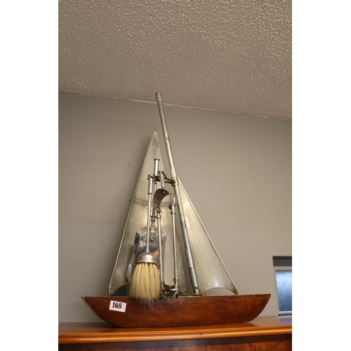 168 - Large 1930s Art Deco Chrome companion set in the form of a sailing yacht on polished hardwood base. ... 