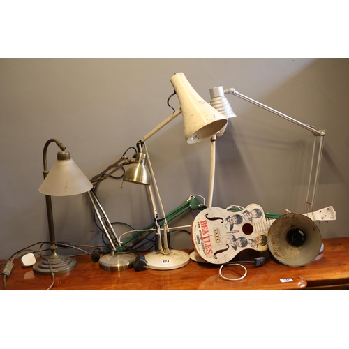 174 - Collection of assorted Anglepoise lights and a Selcol Beatles New Sound Guitar