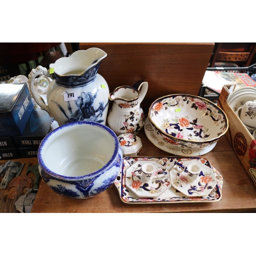 191 - Collection of Masons Mandalay pattern pottery, Witley Blue & White Chamber pot and a Keswick Pattern... 