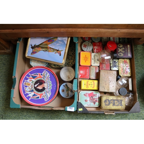 193 - 2 Boxes of assorted Advertising Tins to include Quality Street, Colmans etc