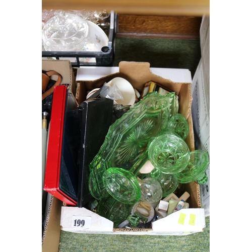 199 - Collection of assorted Glassware and ceramics to include Art Deco Green glass dressing table set