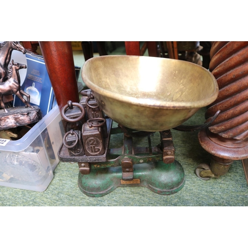 223 - F Wedderburn of London Cast Iron Kitchen scales and assorted Cast Iron Weights from 1/2lb to 4lb