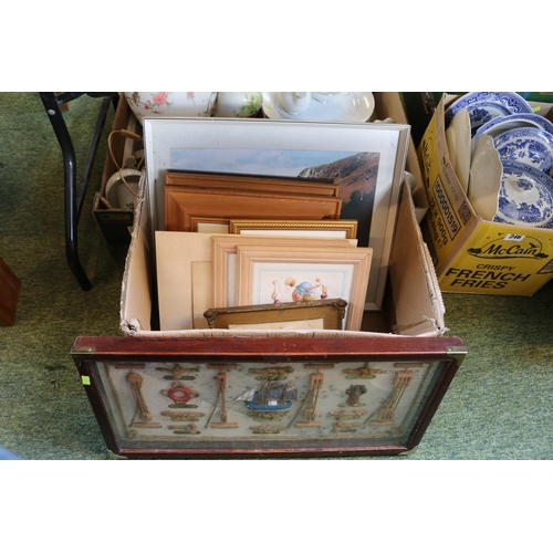 245 - Large box of assorted Pictures and a Framed collage of Nautical knots and lashings